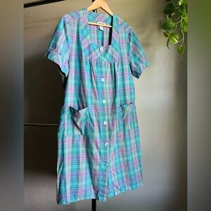 Vintage 100% Cotton Plaid Button-Up House Dress